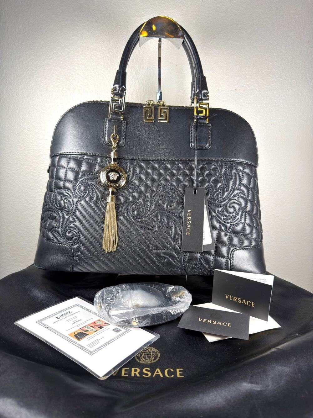 Gianni Versace Vanitas Black Quilted Leather Satchel Bag Barocco Lining Authenti